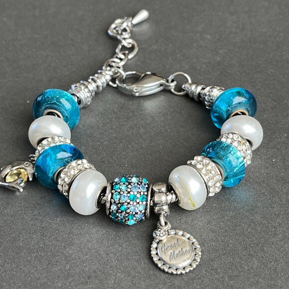 Pandora style Charm Bracelet Lampwork Beads Silvertone Grandmother - Picture 1 of 2